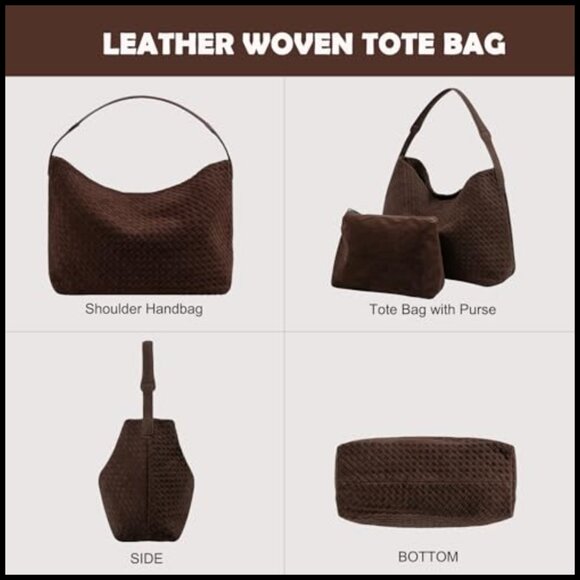 Vintage Woven Tote Bag Vegan Leather Slouchy Hobo Crossbody Large Capacity - Picture 3 of 6